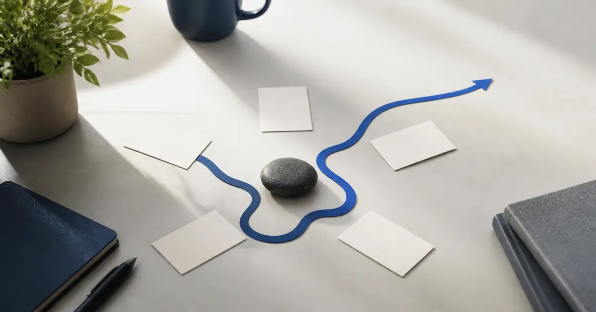 Un camino azul flexible rodea un obstáculo entre tarjetas que representan valores y decisiones