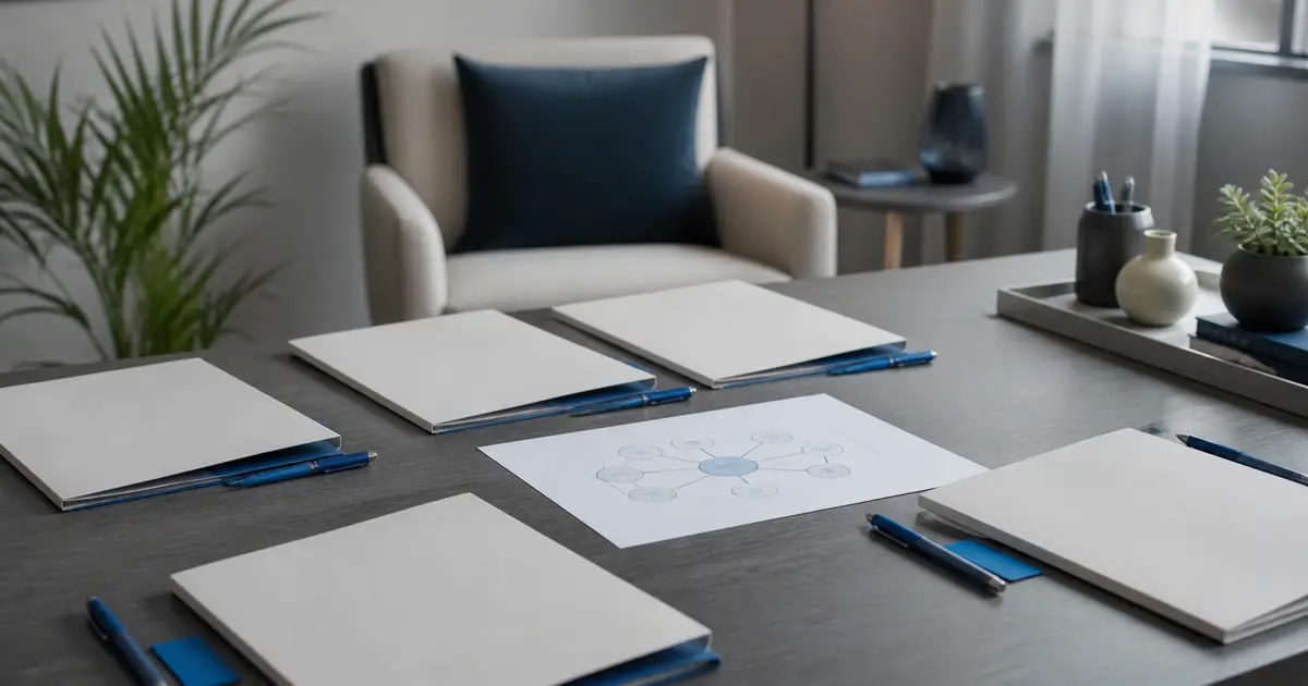 Varios documentos de guía sin marcas rodean un mapa de evidencia en un consultorio