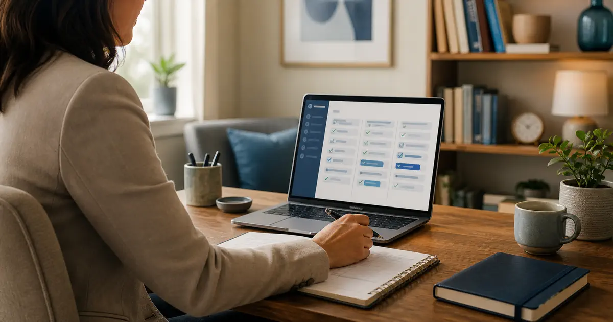 Profesional de salud mental supervisando tareas digitales automatizadas en una computadora sin datos clínicos visibles