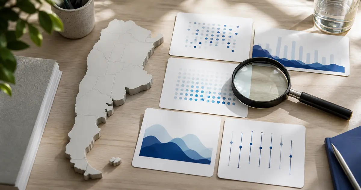 Mapa físico de Argentina junto a gráficos abstractos y una lupa para interpretar datos de salud mental