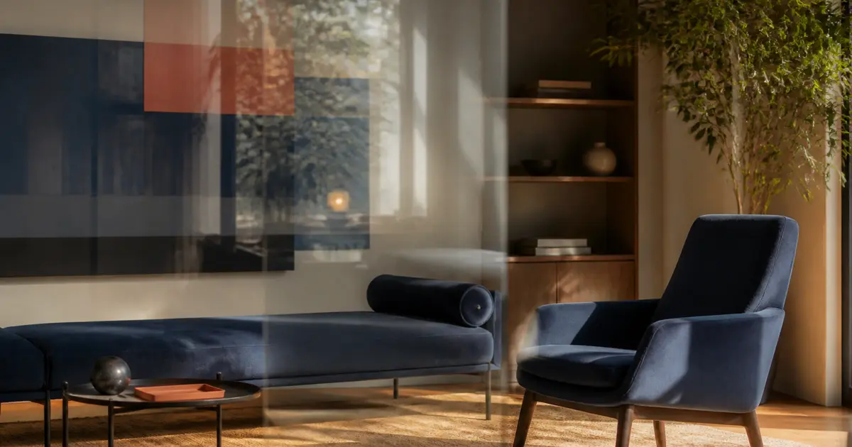 Consultorio psicoanalítico con diván, sillón y reflejos superpuestos