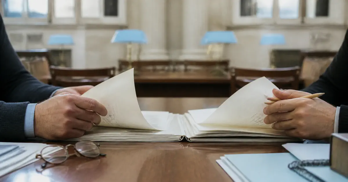 Dos personas revisando un expediente legislativo sin texto visible en una sala institucional