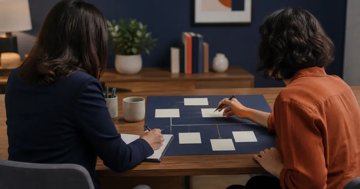 Dos profesionales revisando un esquema de caso abstracto sin información identificatoria