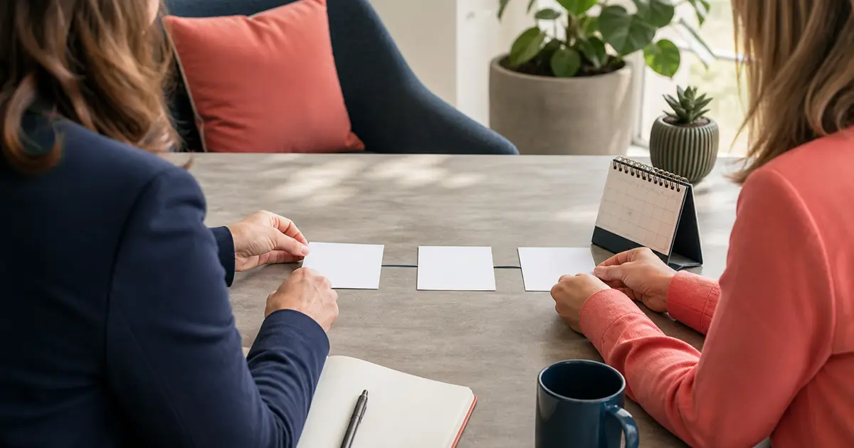 Dos profesionales organizando tarjetas en una secuencia de trabajo cognitivo