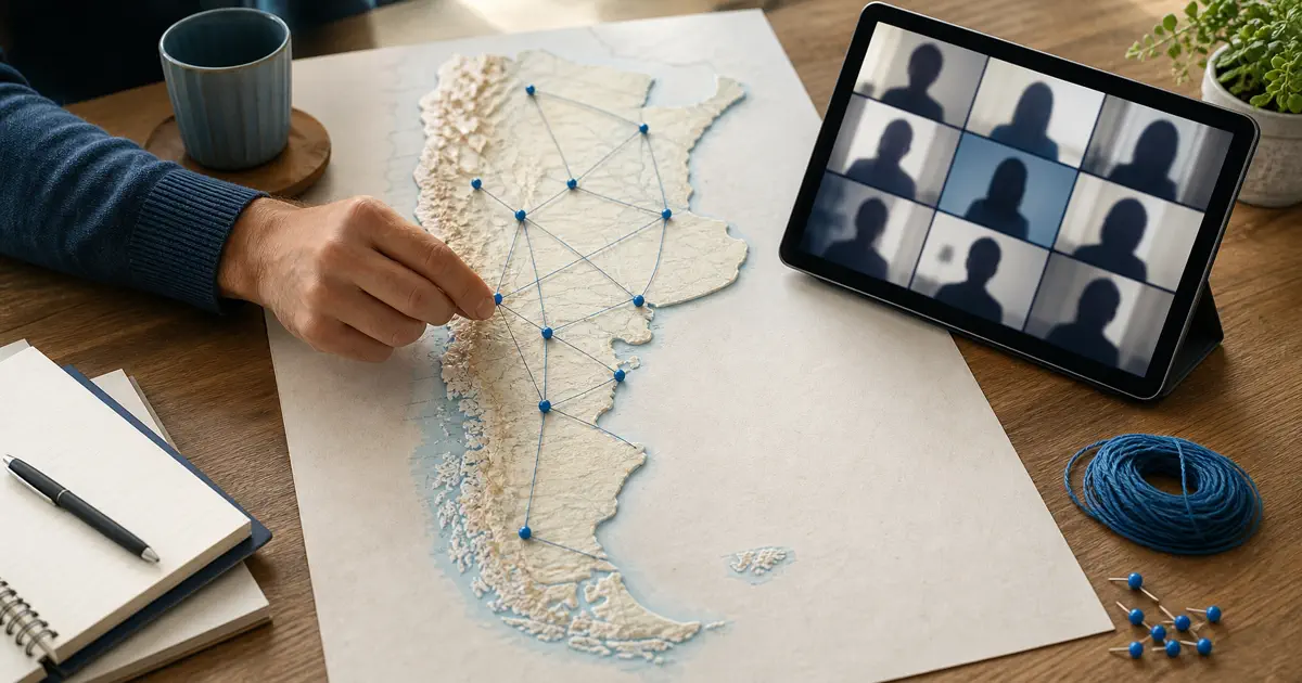 Mapa físico de Argentina conectado con marcadores azules junto a una consulta remota genérica
