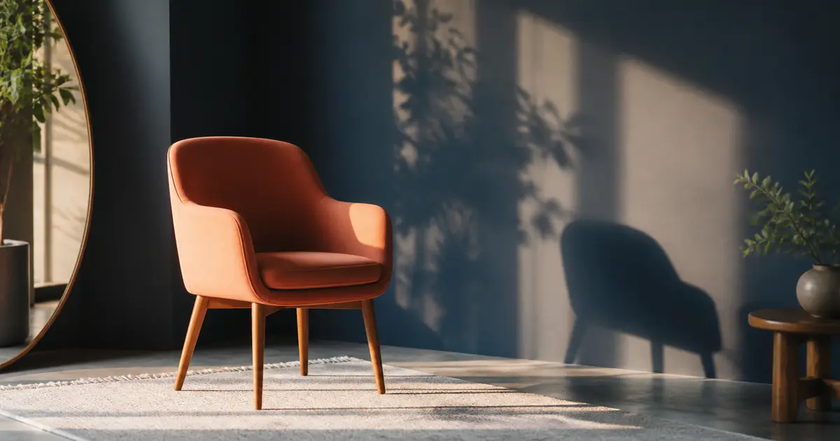 Sillón terracota junto a un espejo y una sombra que sugiere otra presencia