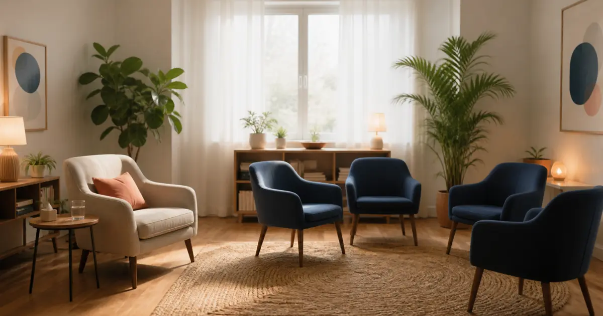 Sala de terapia con una silla individual y un círculo equilibrado de sillas