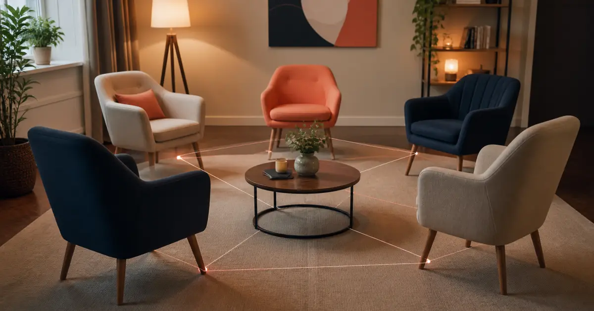 Cinco sillones conectados por líneas suaves alrededor de una mesa
