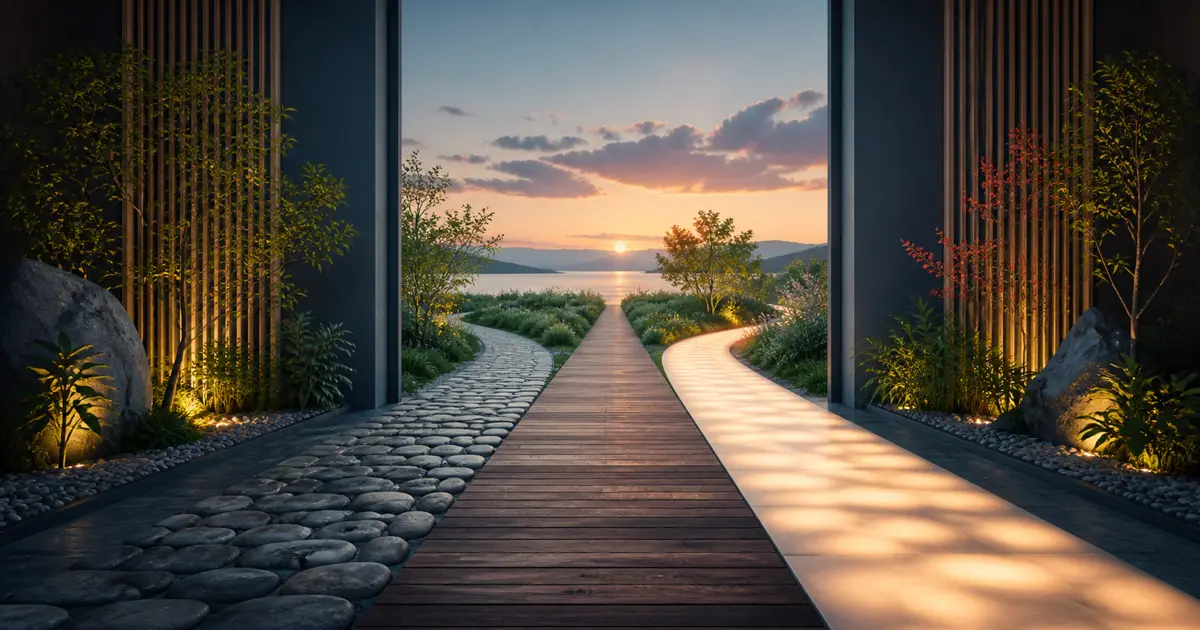 Tres caminos de materiales distintos que convergen hacia un paisaje abierto