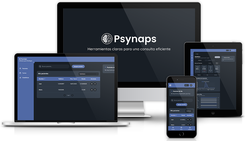 Panel principal de Psynaps mostrando gestión de turnos, pacientes e historias clínicas digitales para psicólogos
